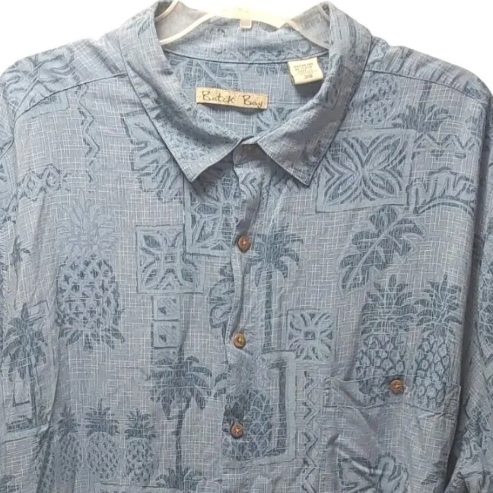 Batik Bay Hawaiian Shirt Men 3X Button Rayon Blue Pineapple Palm Trees Tropical